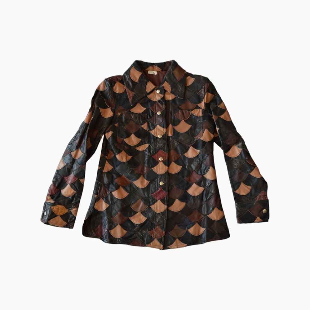 Vintage 70s Scalloped Patchwork Leather Jacket Size Small Medium